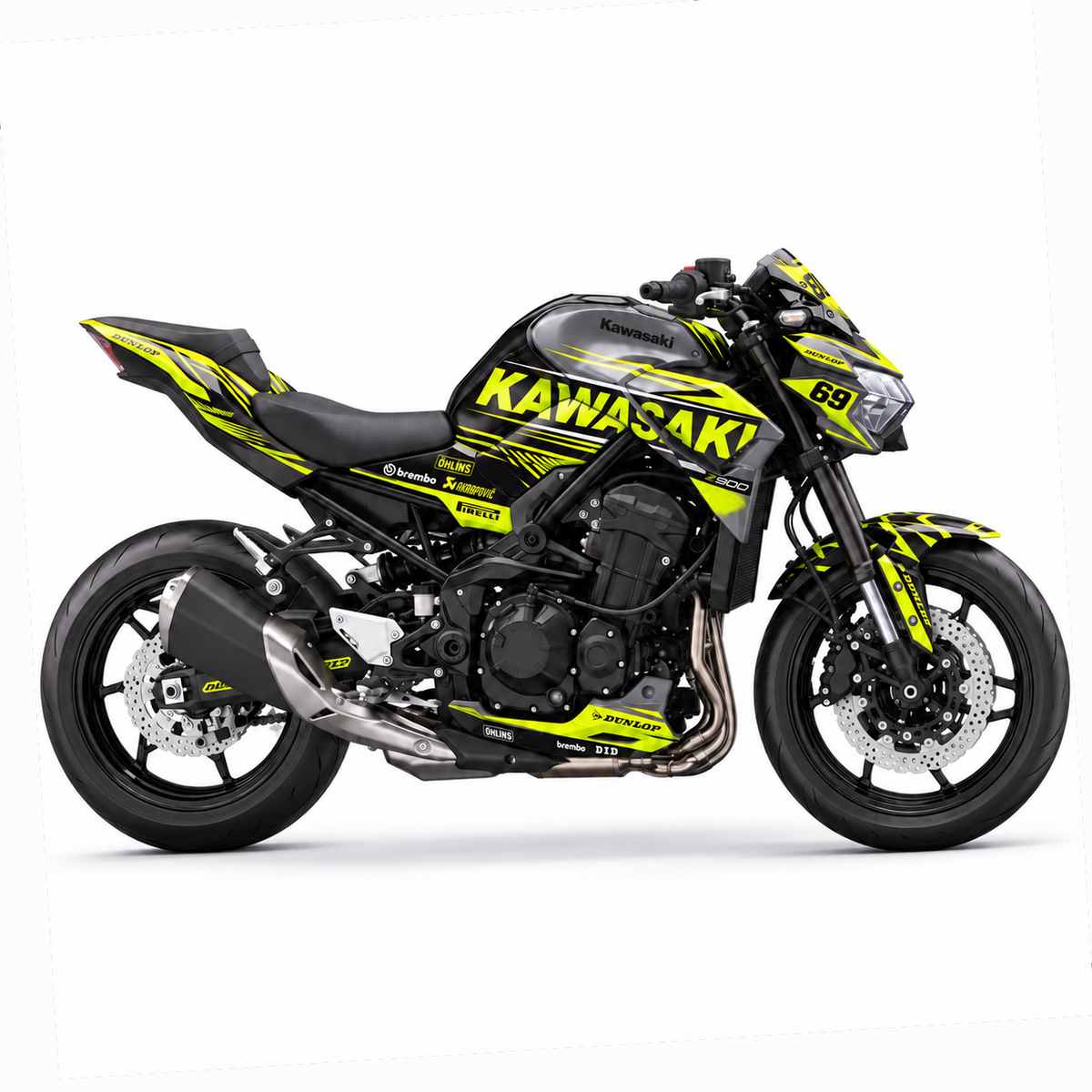 Kawasaki Z900 Dekor Yellow 69: gelb-schwarzes Racing-Dekor mit Startnummer 69, Motorrad Aufkleber