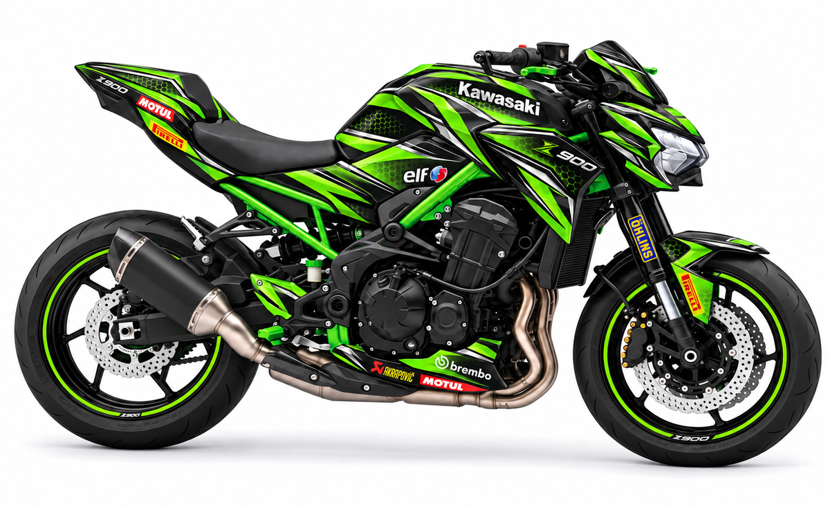 Kawasaki Z900 Dekor Racing Vortex: sportliches Dekor mit dynamischen grünen Flächen, Motorrad Aufkleber