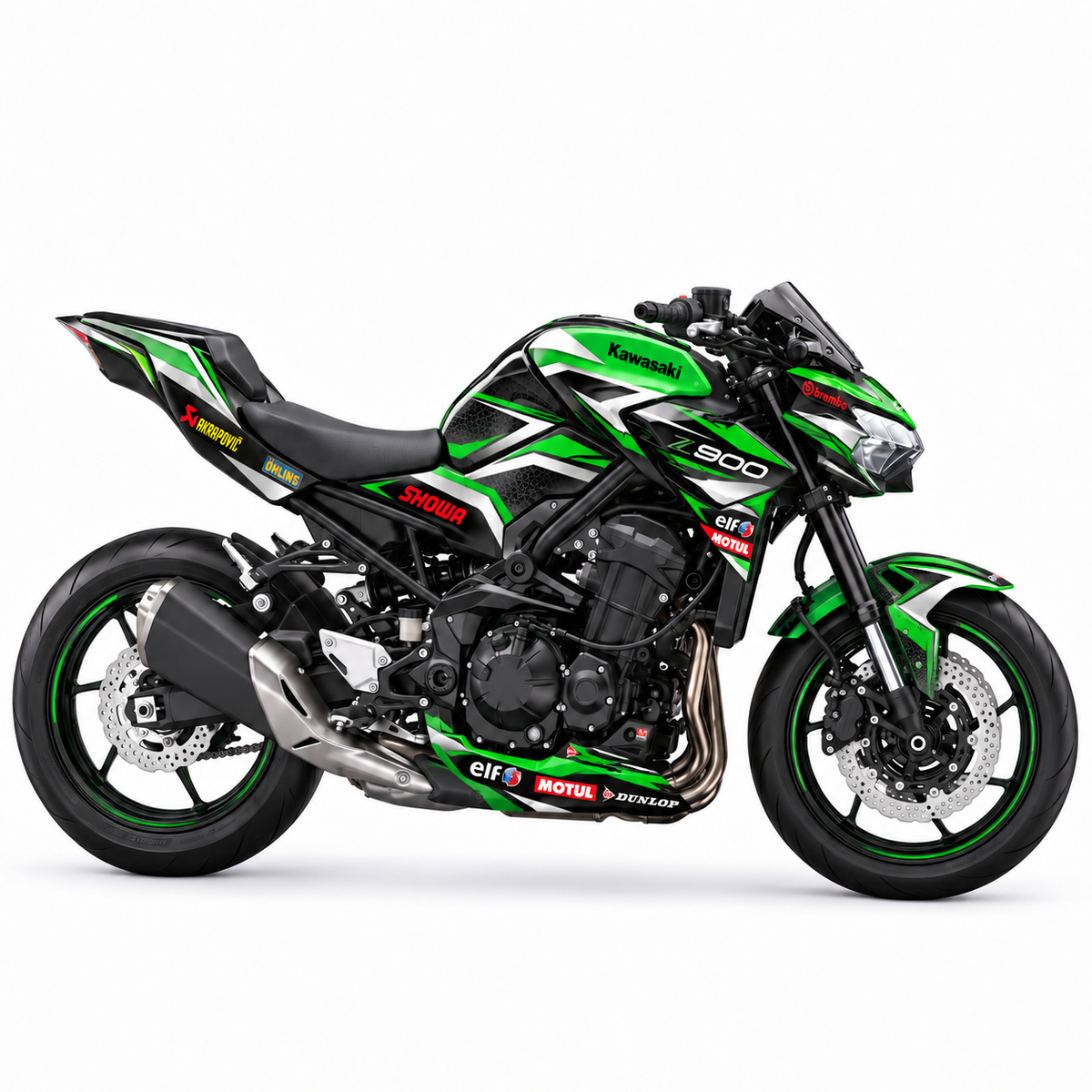 Kawasaki Z900 Dekor Racing Arrow: grün-weißes Racing-Dekor mit klaren Linien, Motorrad Aufkleber