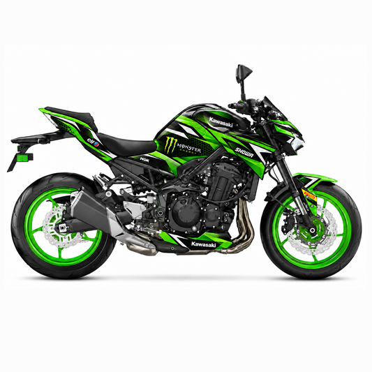 Kawasaki Z900 Dekor Green Voltage: grünes Racing-Dekor mit leuchtenden Felgen, Motorrad Aufkleber