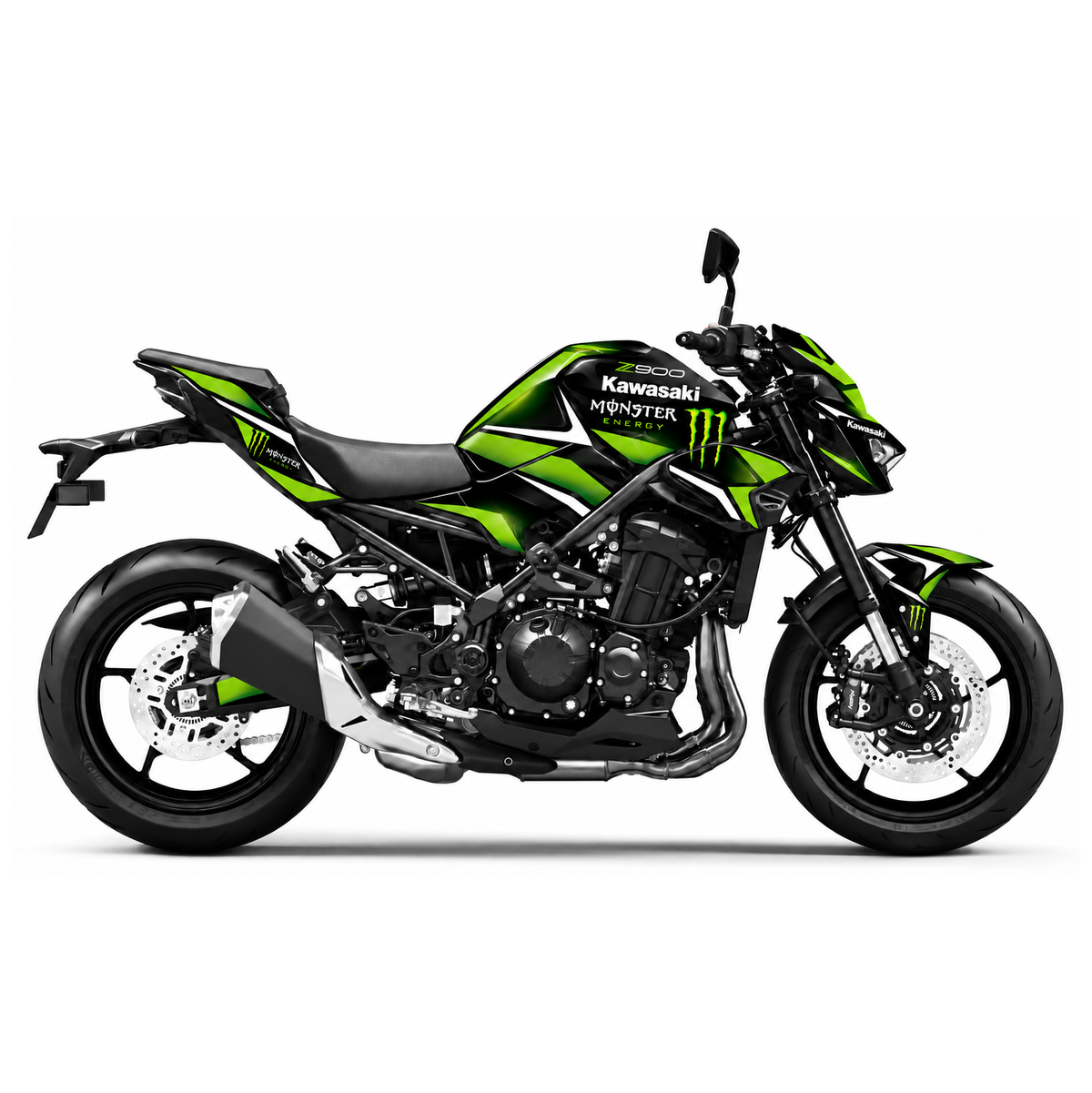 Kawasaki Z900 Dekor Lime Strike: schwarzes Dekor mit grünen Racing-Linien, Motorrad Aufkleber