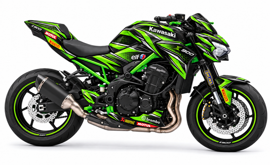 Kawasaki Z900 Dekor Racing Vortex: sportliches Dekor mit dynamischen grünen Flächen, Motorrad Aufkleber
