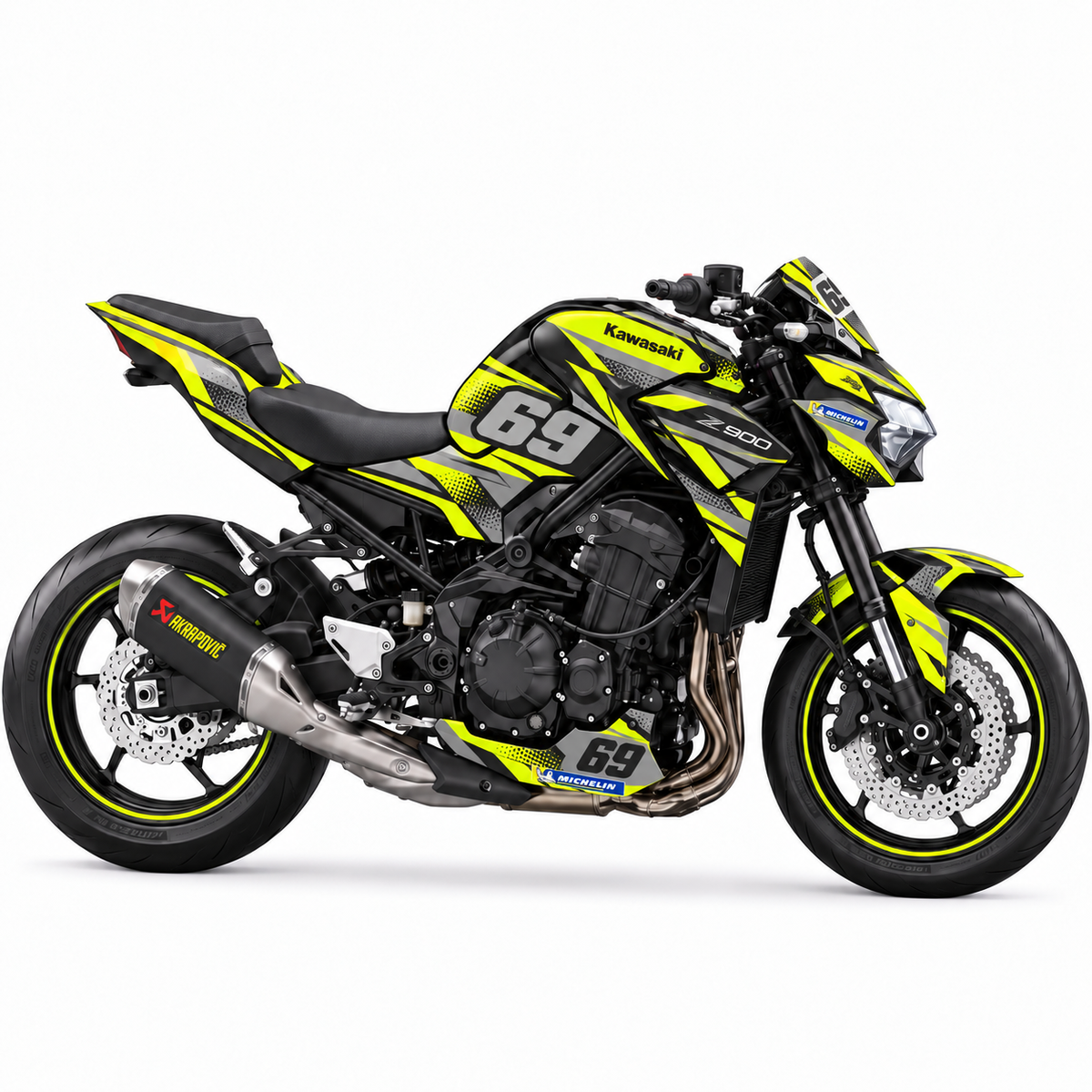 Kawasaki Z900 Dekor Neon 69: neongelbes Z900 Dekor mit Startnummer 69, Motorrad Aufkleber