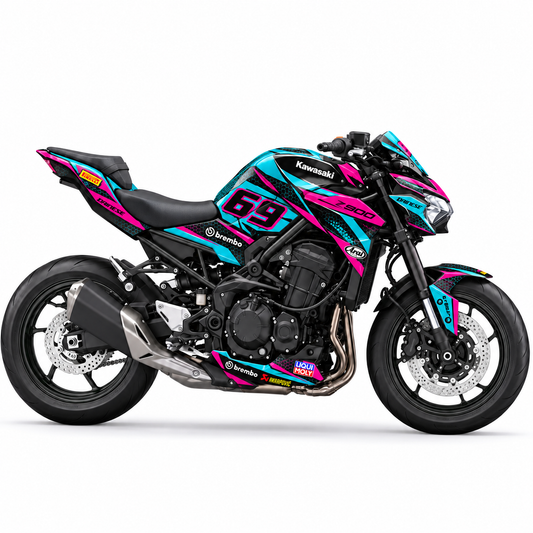 Kawasaki Z900 Dekor Neon Pulse 69: türkis-pinkes Z900 Dekor mit Startnummer 69, Motorrad Aufkleber